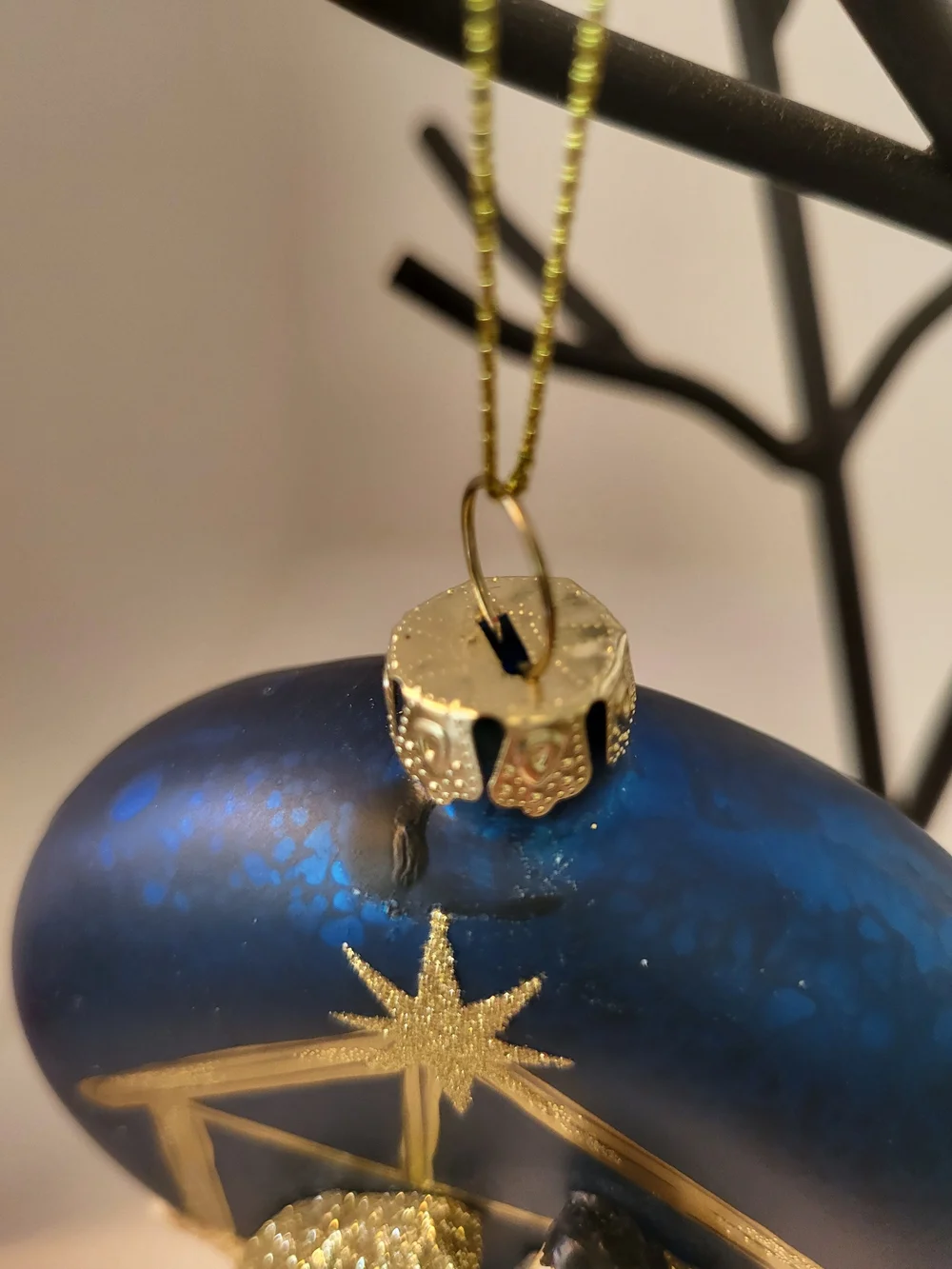 Pier 1 Hand-Painted 3-D Relief Blue Nativity Glass Ornament S/2